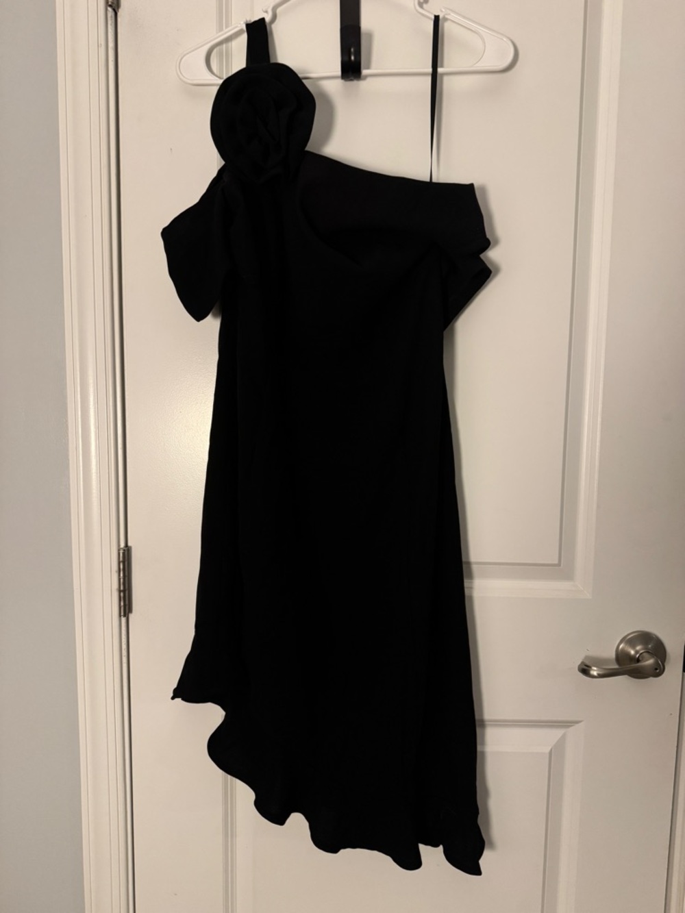 One-Shoulder Black Asymmetrical Dress with Rosette Accent